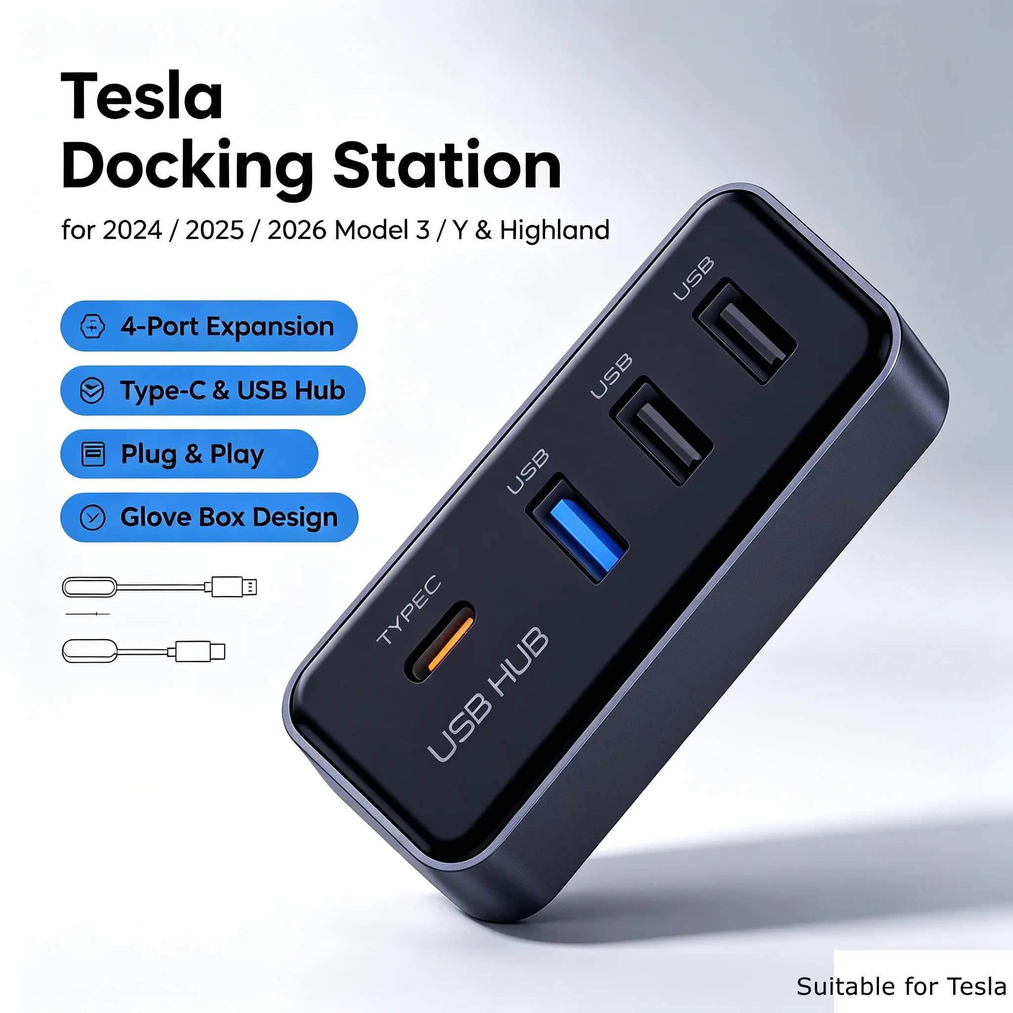 Glovebox USB Hub For Tesla Model Y Launch 2025 Model 3 Highland 2024 Type-C Port Digita Docking Station Data Tansmission