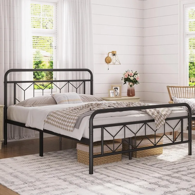 Metal Platform Bed Frame Mattress Foundation with Diamond Pattern Headboard/Footboard/Heavy Duty Steel Slat Support/Under Bed