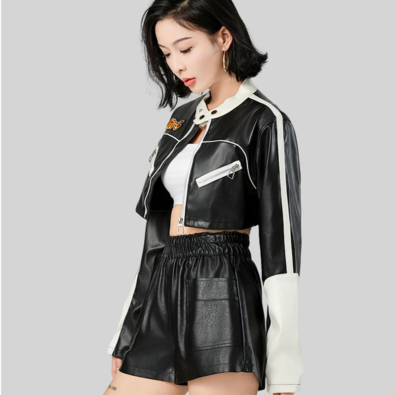 

Women Faux Pu Leather Long Sleeve Jacket Woman Zipper Button Short Outwear Female Vintage Letter Embroidery Motorcycle Jackets