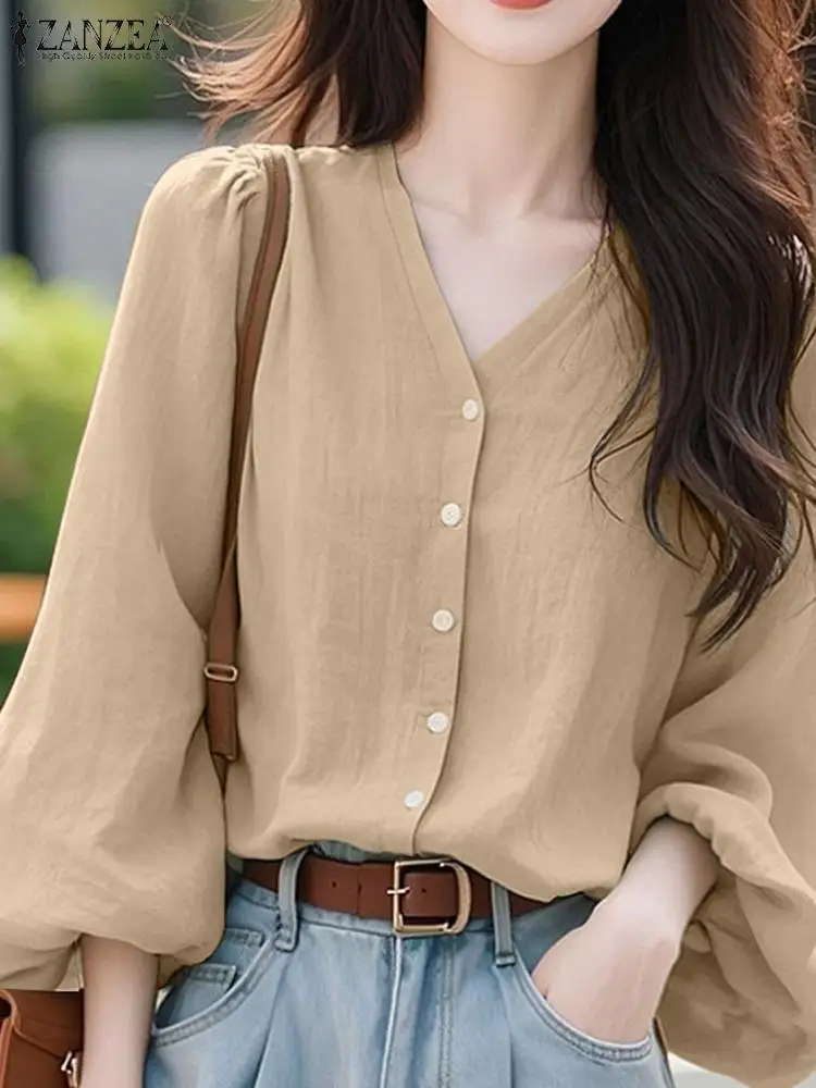

ZANZEA Women Casual Tops Korean Fahion Lantern Long Sleeve Shirts 2024 Autumn Elegant V-neck Tees Holiday Solid Button Tops