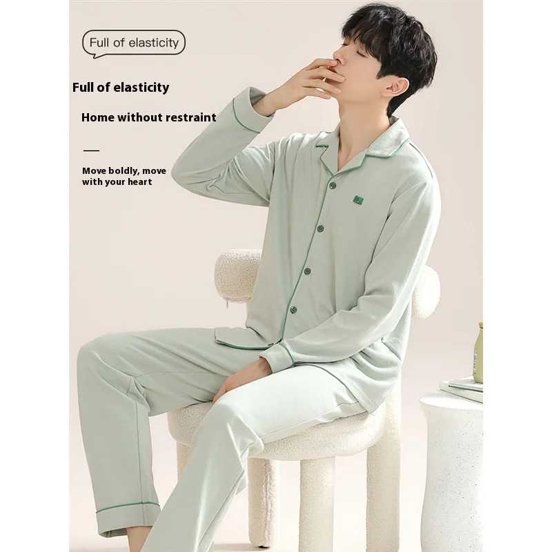 Cotton Men Pajamas Long-Sleeved Autumn and Winter Big Size Pajama Sets Solid Colour Cardigan Home Wear Two-Piece Set Sleepwear