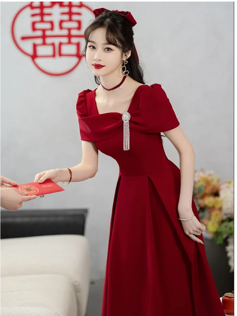 Temperament Robe Women's Solid Color Spring Summer New Square Collar Long Sleeve  A-line Long Dresses Fashion Female Vestidos