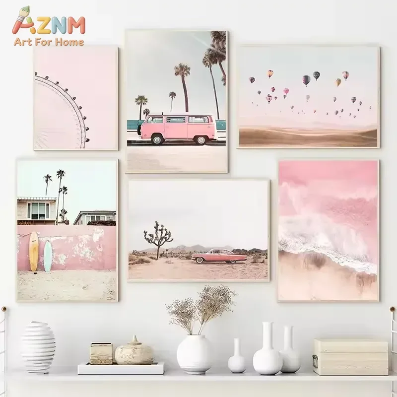 AZNM Unframed Vintage Yellow Camper Van Road Trip Canvas Wall Art, Retro Desert Mountain Landscape Print, Boho Wanderlust Travel