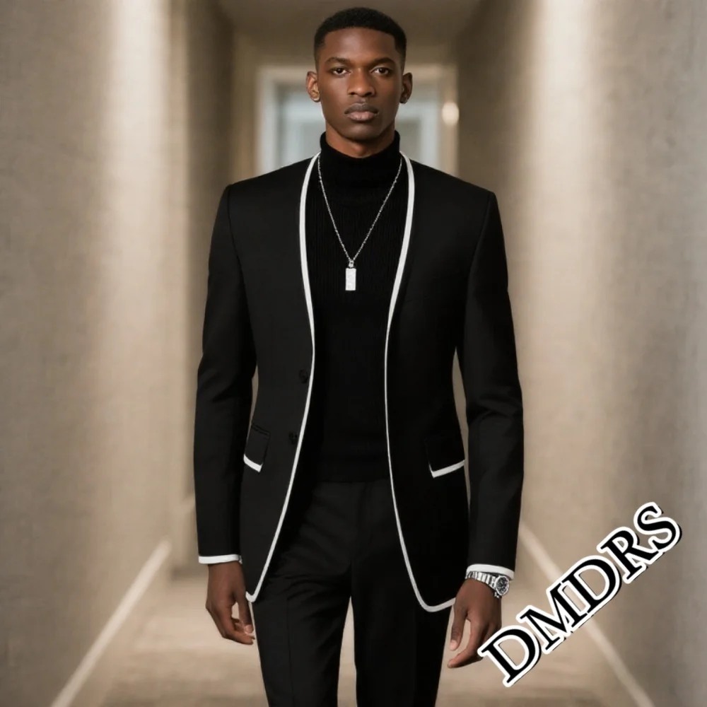 クラシックな黒のメンズスーツセット 2ピース 結婚式 フォーマル スリムフィット ビジネススーツセット ハンサムなオフィススーツセット