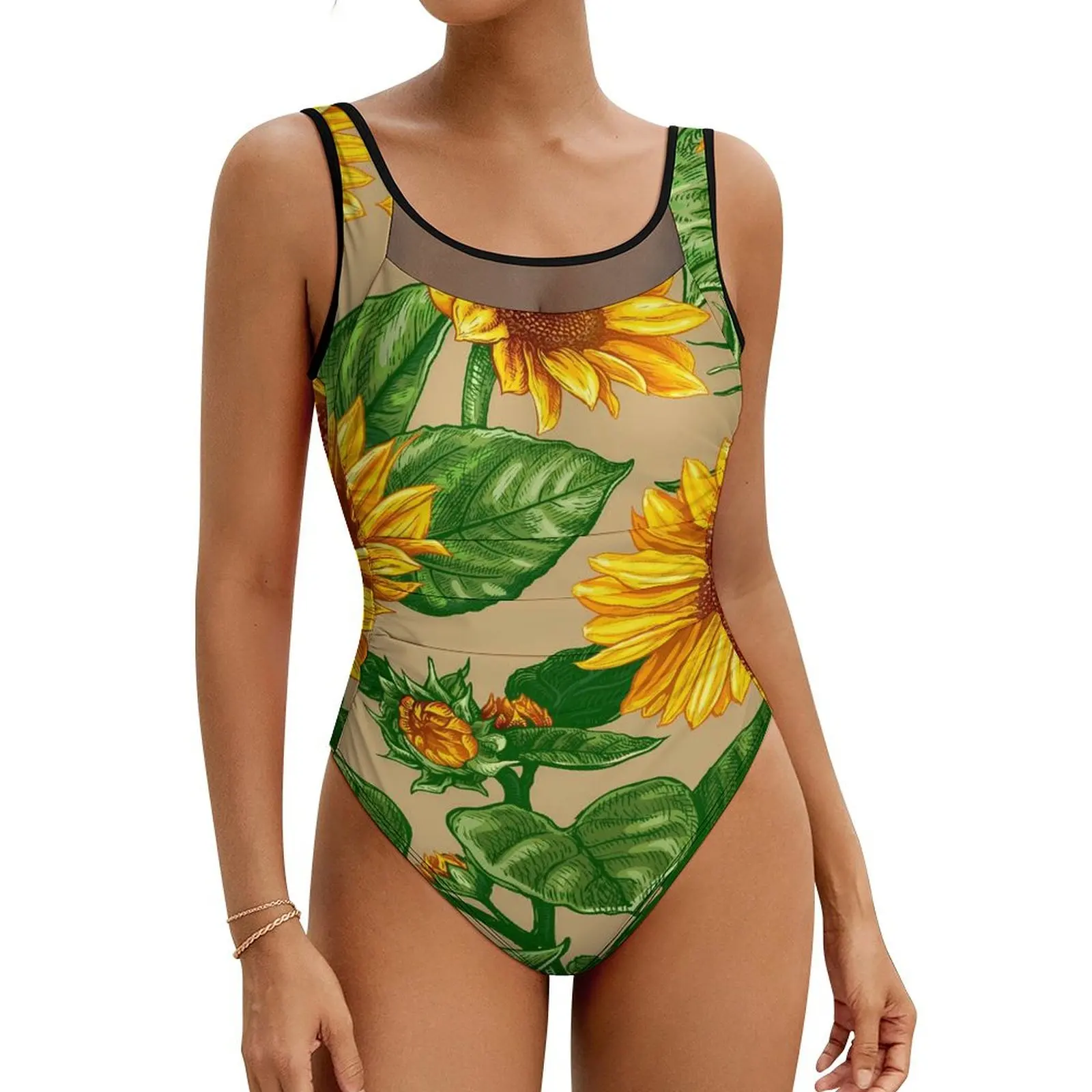 

Sunflower Print Swimsuit Yellow Flowers One Piece Swimwear Push Up Stylish Bathing Suits Sexy Surfing Graphic Bodysuit