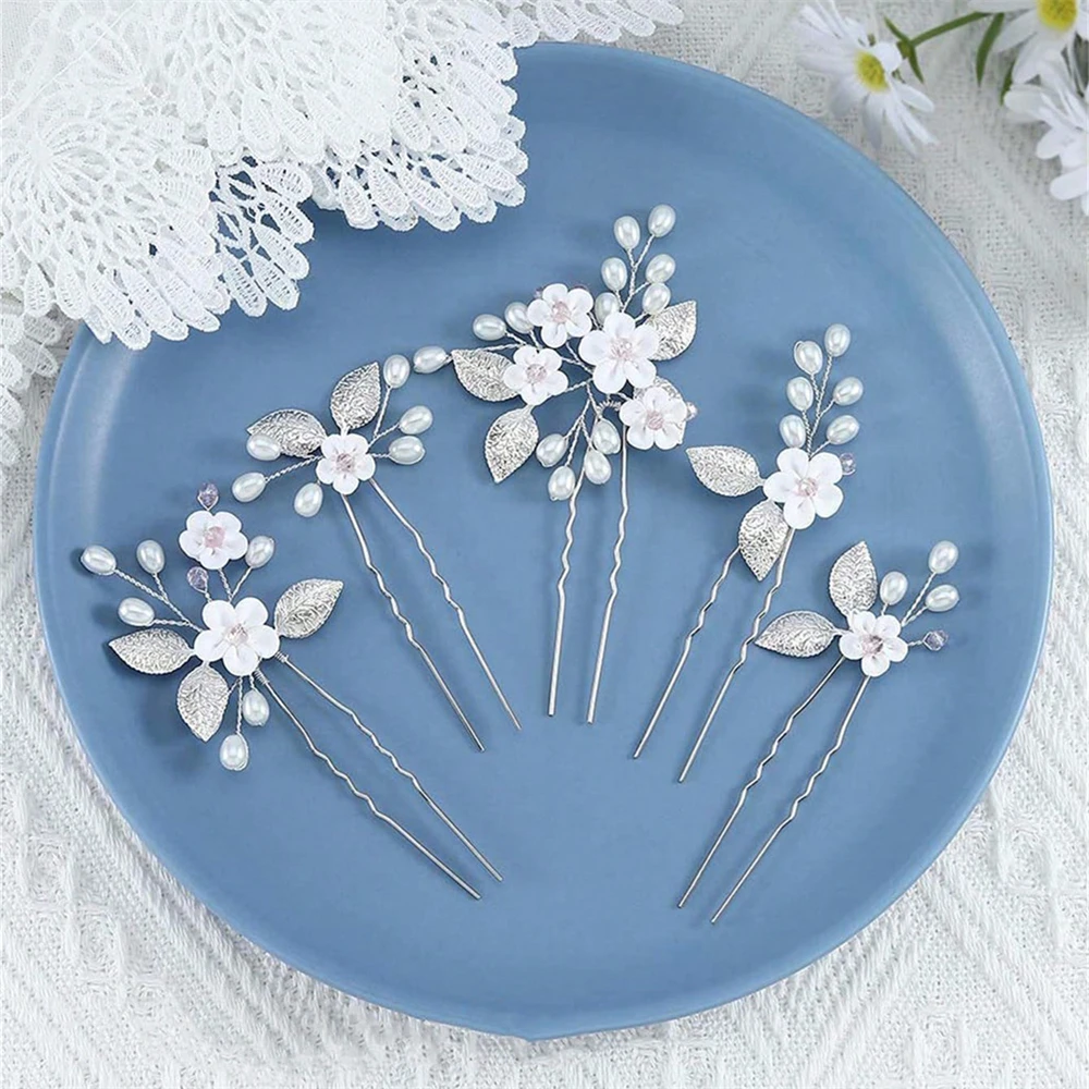 5pcs/1set Bridal Hair Accessories for Women Flower Pearl Headpiece Clip Hairpins Bride Hair Combs Ornaments Jewelry
