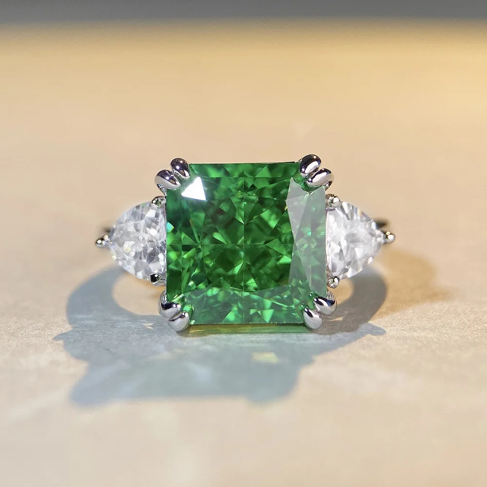 

2022 New S925 Pure Silver Ring Women's Jade Green 5-carat 10X10 High Trust High Carbon Diamond Zircon Ring
