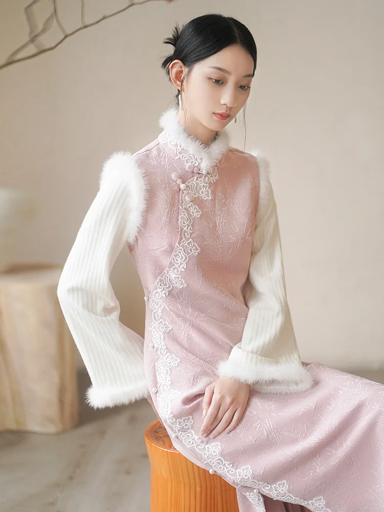 

Ele розовый цветочный вышивка в стиле ретро, длинное Ципао Dr, женская элитная осенне-зимняя новая модель, традиционная китайская Nati...