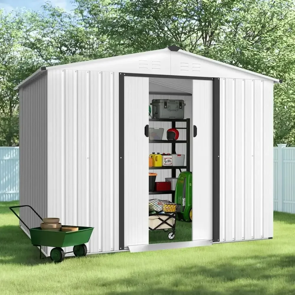 6x8 Outdoor Vented Garden Storage Shed with Sliding Door - White Steel Roof
