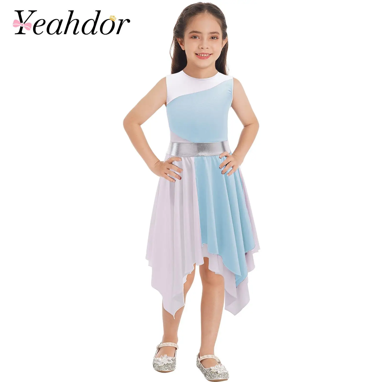 

Kids Girls Lyrical Praise Dance Dress Sleeveless Color Block Celebration of Spirit Church Liturgical Worship Costume Dancewear