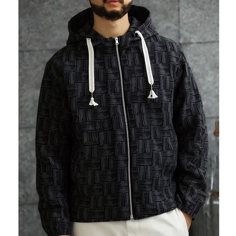 Men's Black-Gray Woven Texture Hooded Jacket Full Zip White Hollow Drawstring Casual Trendy Outerwear