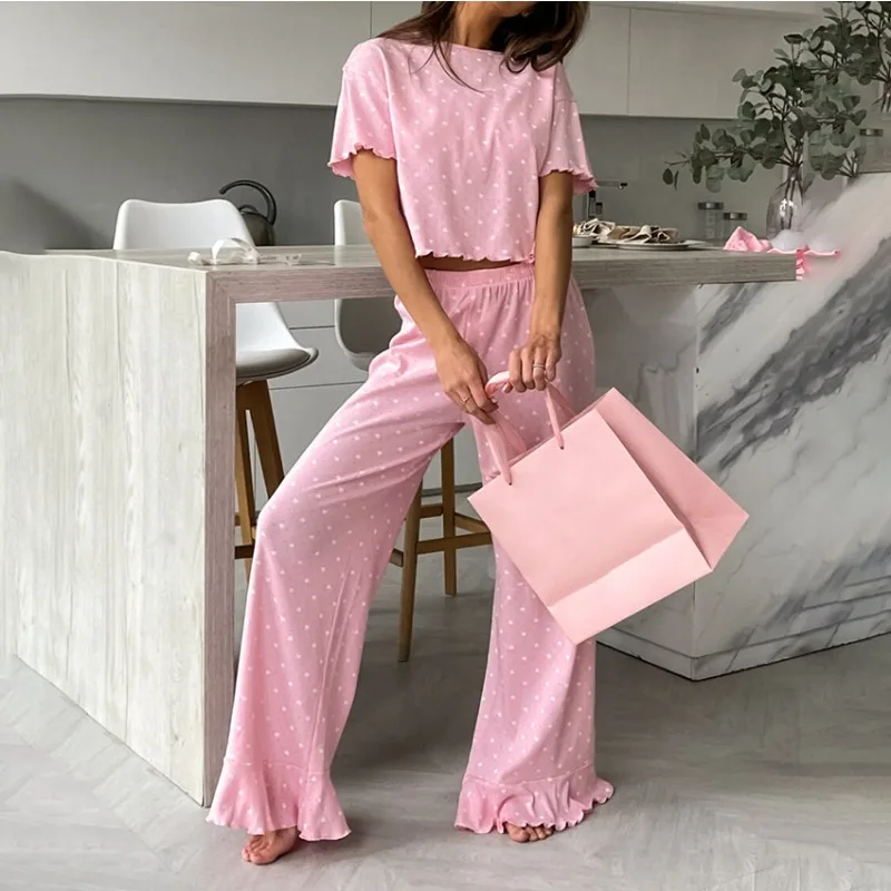 

2025 Spring Love Print Short-sleeved Trousers Women's Loungewear Knitted Pajamas Two-piece Set