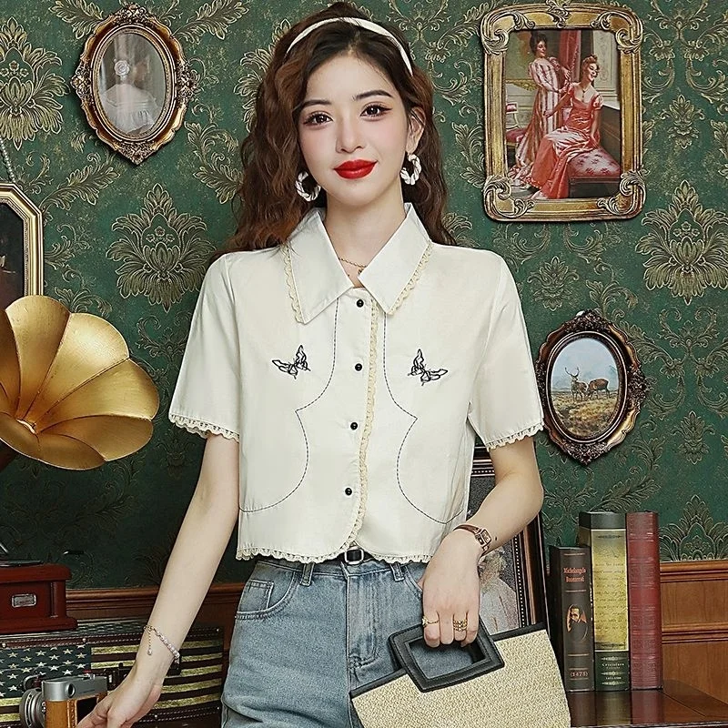 半袖シャツ女性シフォンフレアスリーブパッチワーククロップド Tシャツ屋外自由奔放に生きるガーリッシュ夏のトレンド若々しいレジャー学生