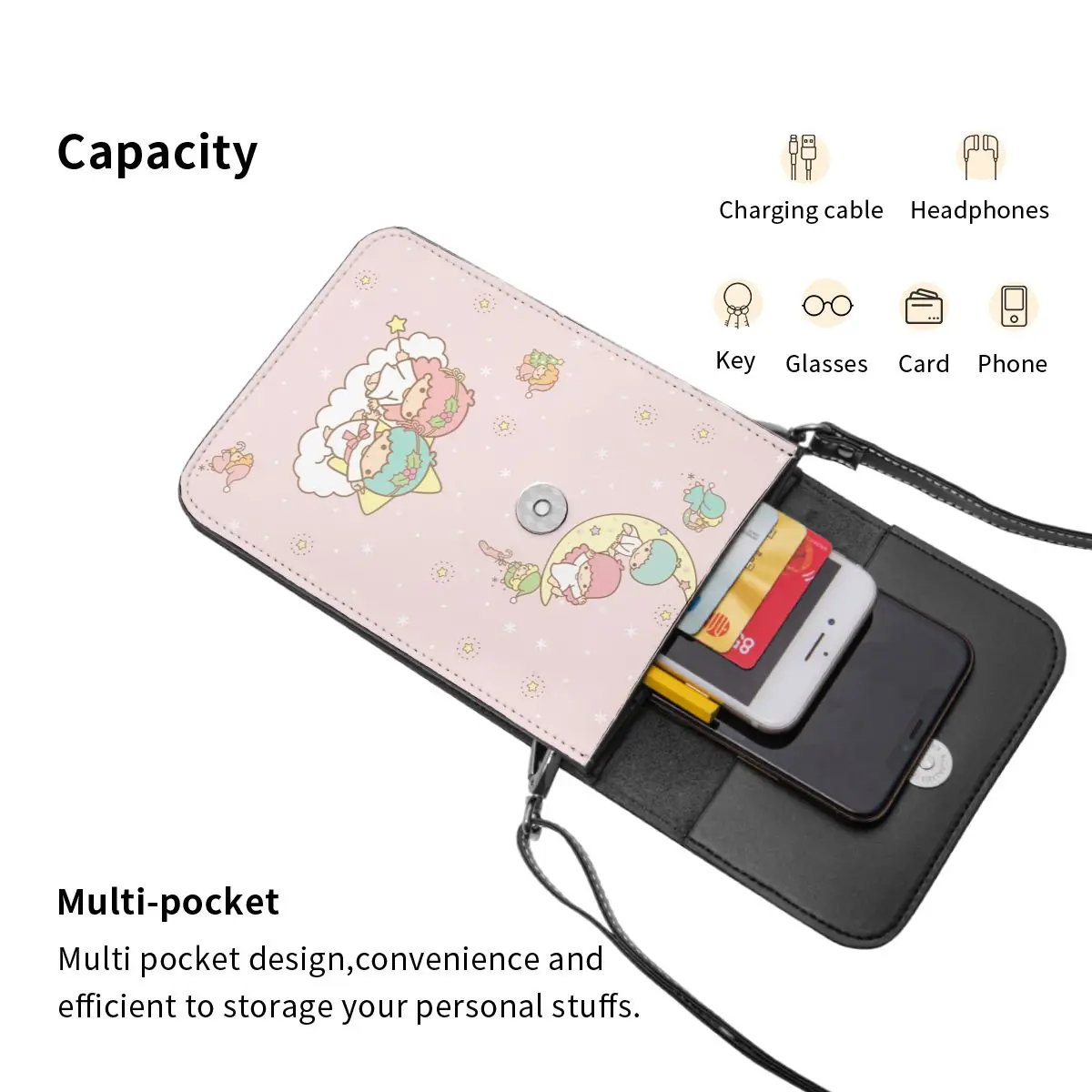 Cute Sanrio Bags Merch Little Twin Stars Cell Phone Purse Leather Card Holder Wallet Street Girl Crossbody Bag Durable