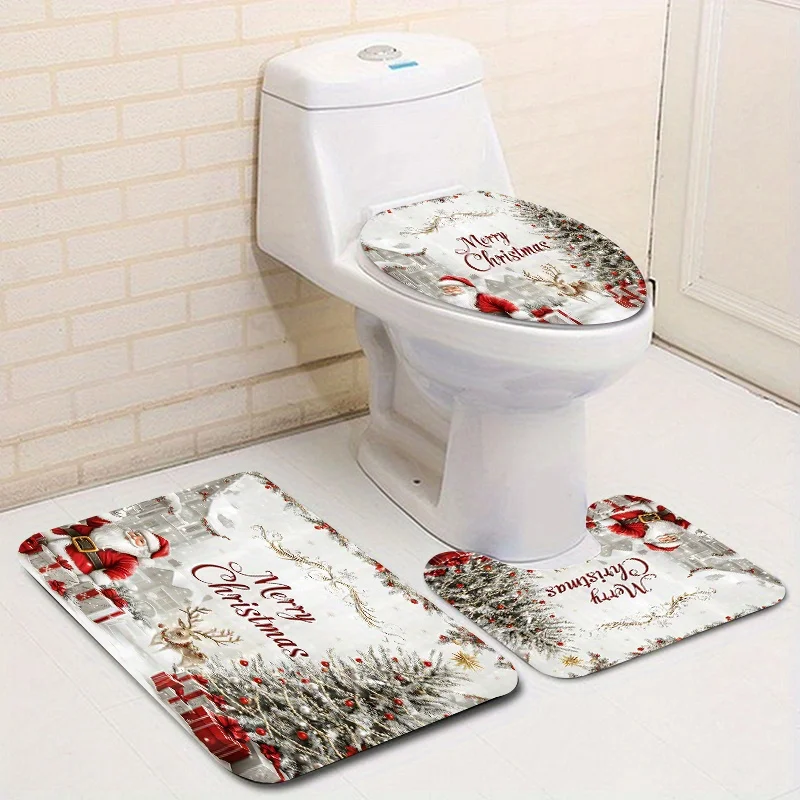 4PCS Christmas Shower Curtain Set w/ 12 Hooks, Non-Slip Mat, Toilet Cover & Washable Rug – Holiday Bathroom Decor