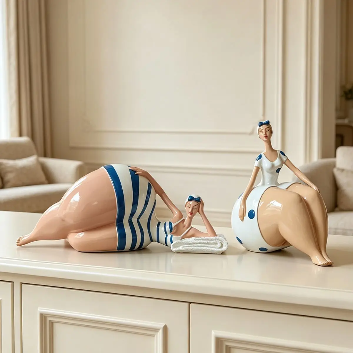Harzfigur Set Übergewichtige Frau im Bikini Abstrakte Mollige Dame Statue Moderne Charakterfigur Tischdekoration Strand-Stil Ornament – Detail 6