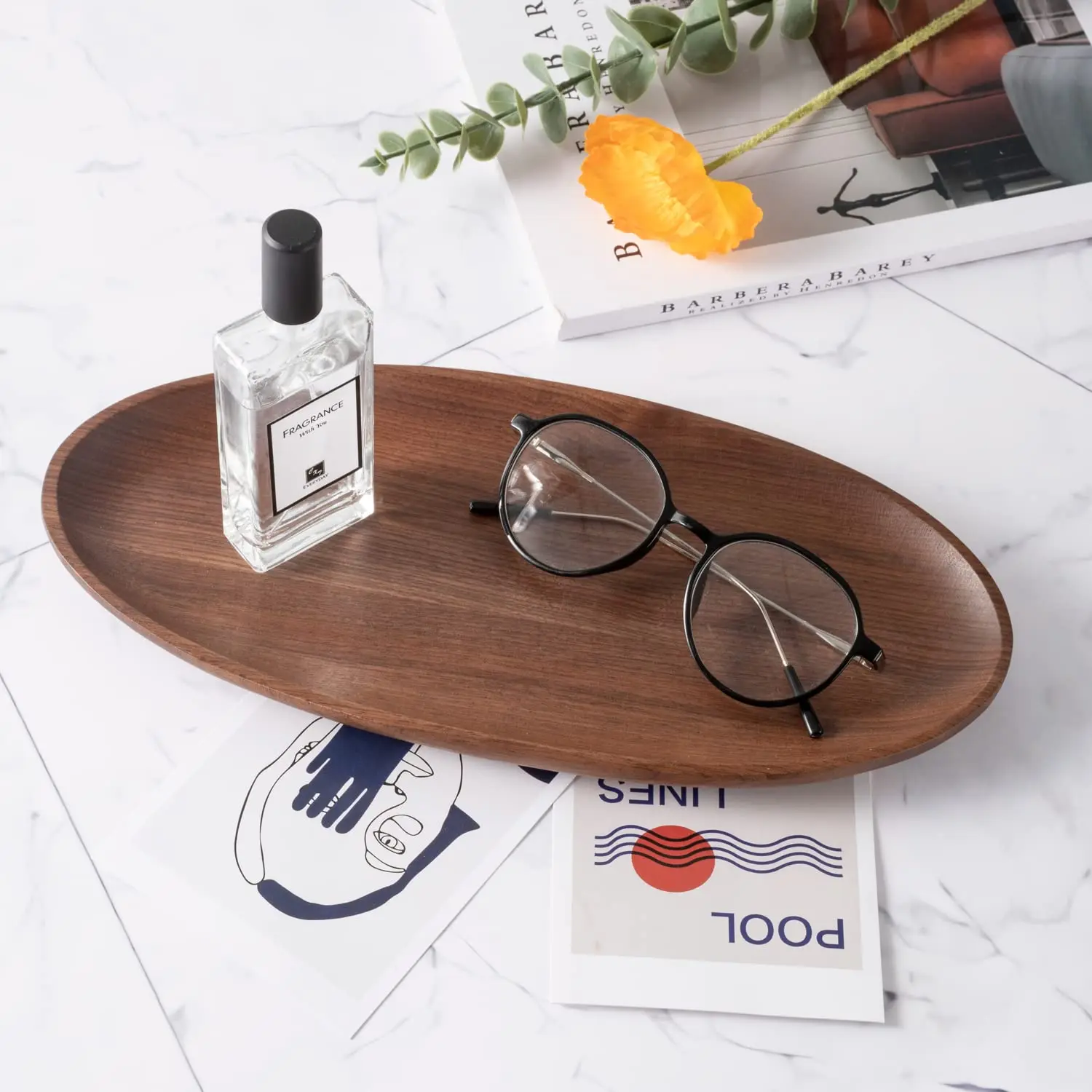 Walnut Wood Serving Decorative Tray, Oval Wooden Tray for Bathroom, Small Solid Wood Tray and Platters for Food Snack, 32x15cm