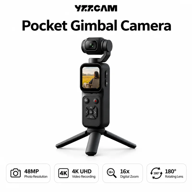 YZZCAM Pocket 4K Gimbal Camera 48MP 180° Rotatable Lens 16X Digital Zoom Portable Handheld Vlog Camera Outdoor Entry‑Level Gift