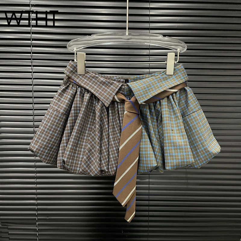 WTHT موضة جديدة للمرأة تقسم التباين اللون منقوشة التنانير الصغيرة 2025 الصيف العصرية عالية الخصر ألف خط تنورة الإناث 1LS2376