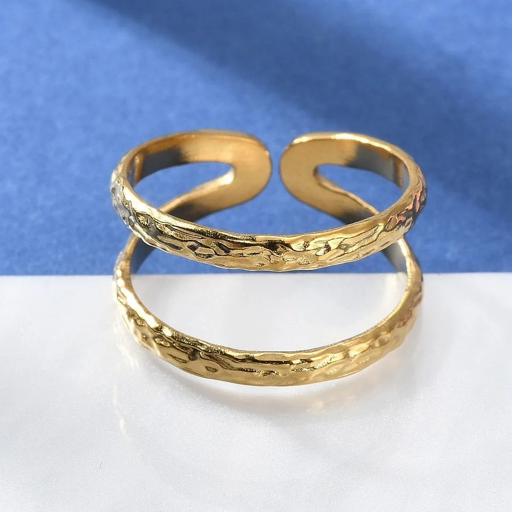 Anillo Abierto de Doble Línea de Acero Inoxidable 304 con Recubrimiento Iónico (IP), para Mujer, Sin Níquel, Chapado en Oro Real de 18K, Talla 8 (18.1mm)