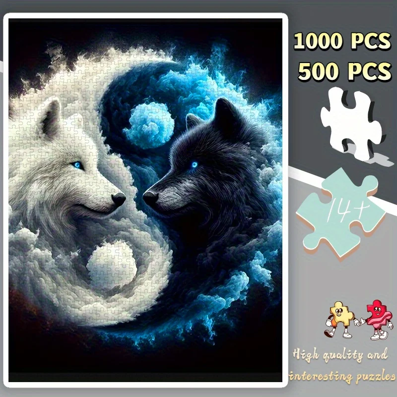 Puzzle 500/1000 pièces, Puzzle en papier pour bricolage, loup noir et blanc, motif Taiji, peinture abstraite artistique, Puzzle pour adultes, adapté pour H