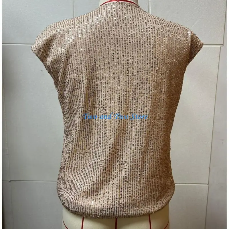 

HX6F V Neck Sequins Short Sleeve Blouse for Women Sparkly Shirt Evening Cocktail Top