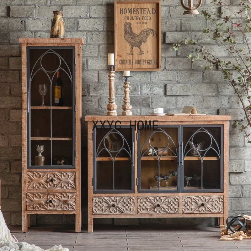 

American Style SideboardSolid Wood Tea Glass Wine Vintage Carved Cupboard