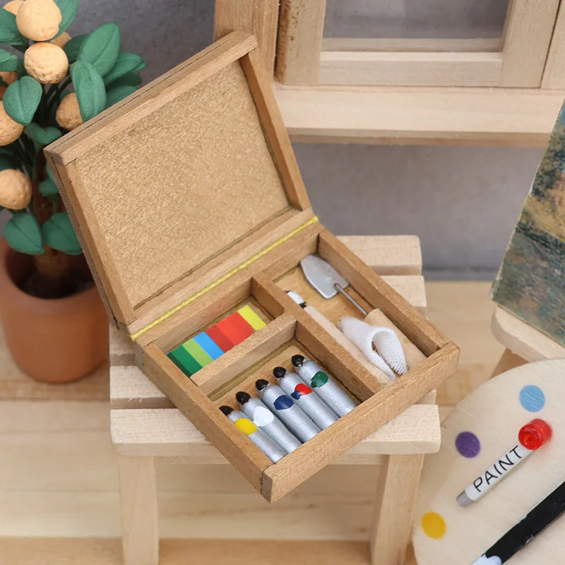 1:12 Dollhouse Mini Watercolor Paint Box Set, Simulation Art Studio Props for BJD, Micro Scene Decor Accessories