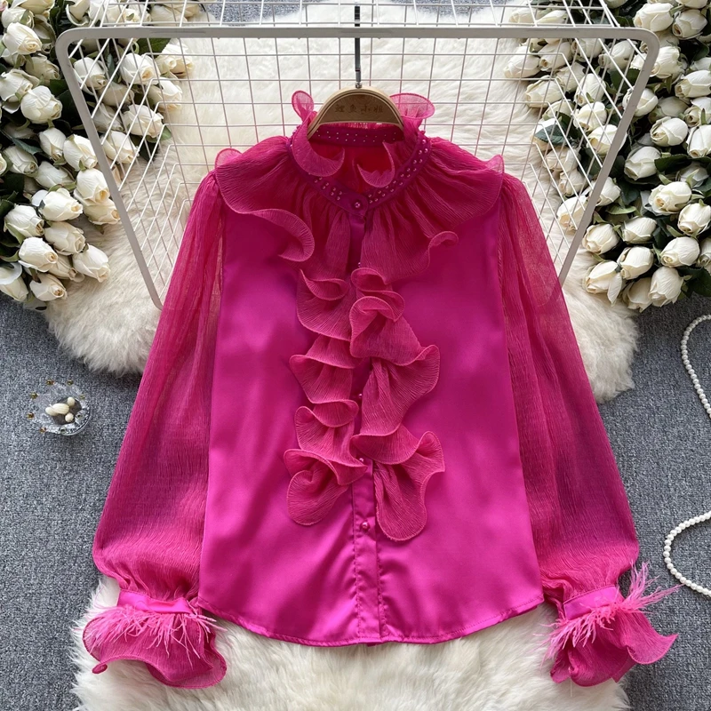 Women's Blouse 2024 Autumn New Chiffon Shirt Women's Design Pleated Ruffle Edge Slim Fit French Puff Sleeve Top