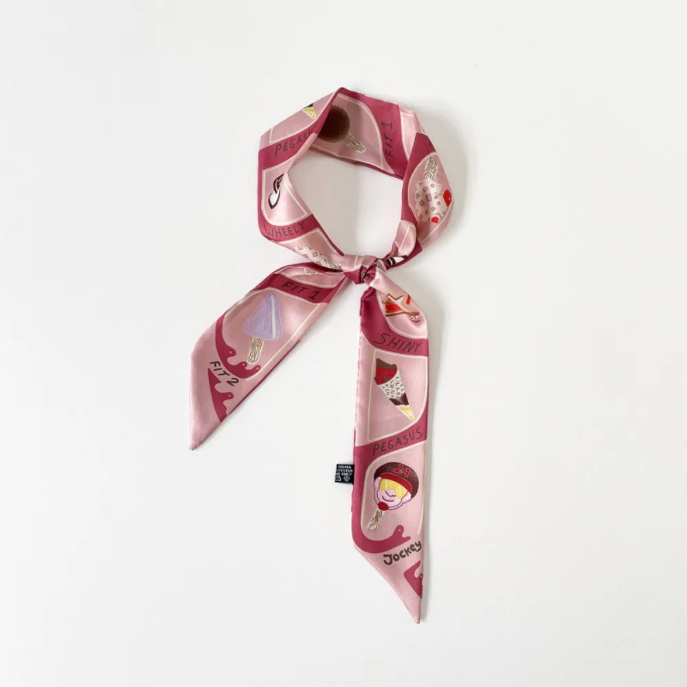 

Simple Bow Ties Long Silk Scarf Ice Cream Floral Plaid Scarf Hair Band Printed Long Ribbon Scarves Spring Summer