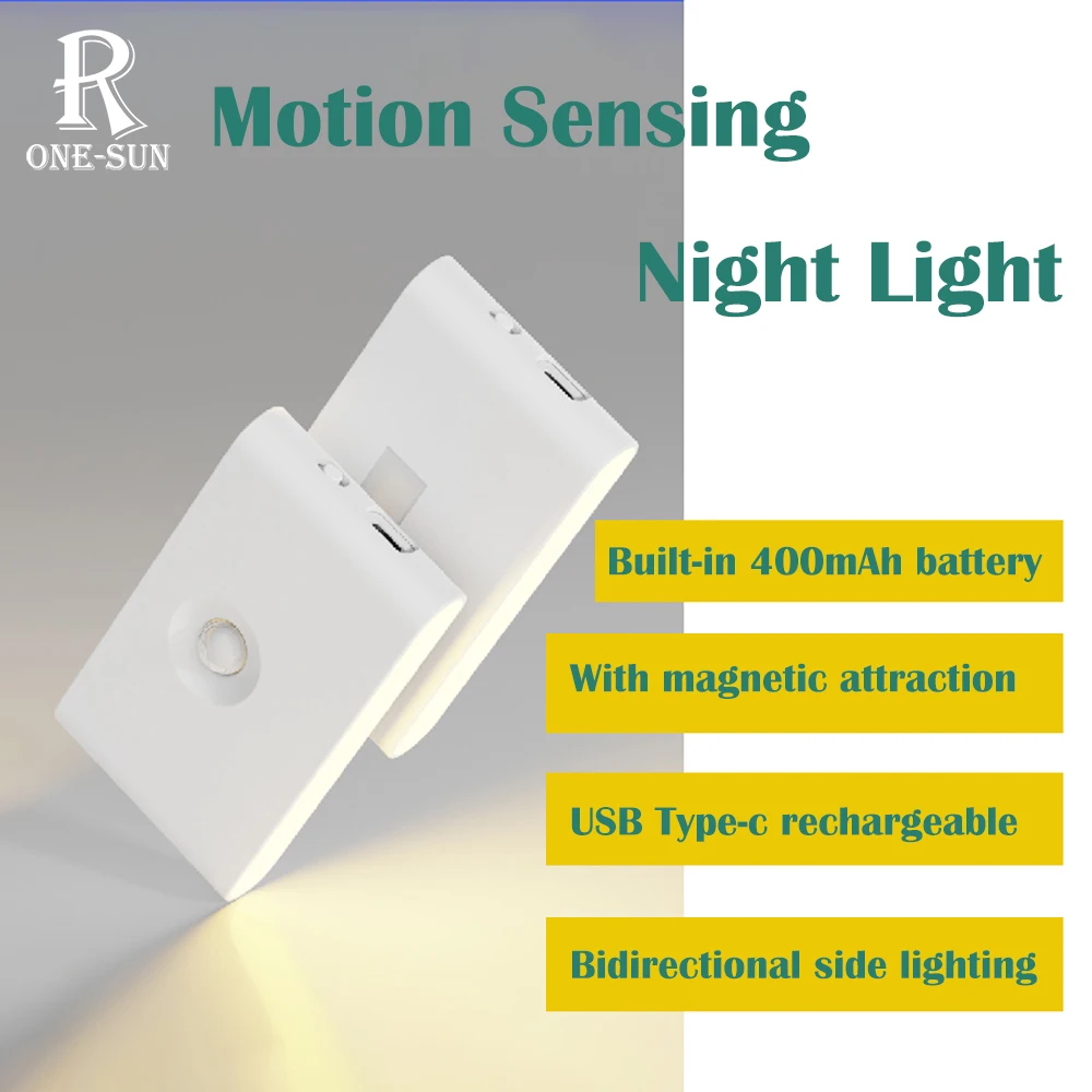 PIR Motion Sensor Lights LED NightLight with Type-C Cable Magnetic Suction Convenient Warm Wall Lamp for Bedroom Stair Toilet