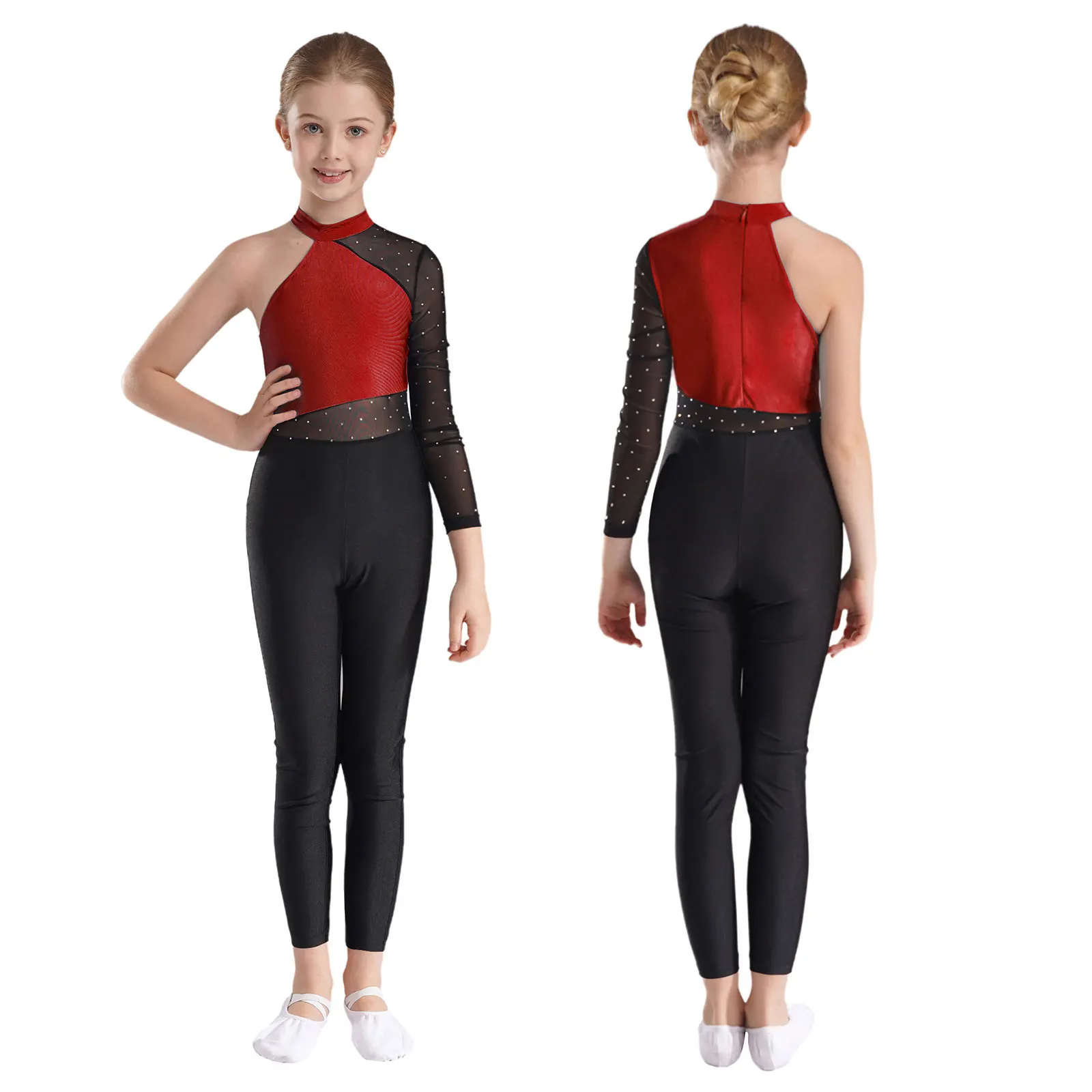 

Kids Girls Rhythmic Gymnastics Figure Skating Jumpsuit Rhinestones One Shoulder Bodysuit Yoga Ballet Dance Performance Costume