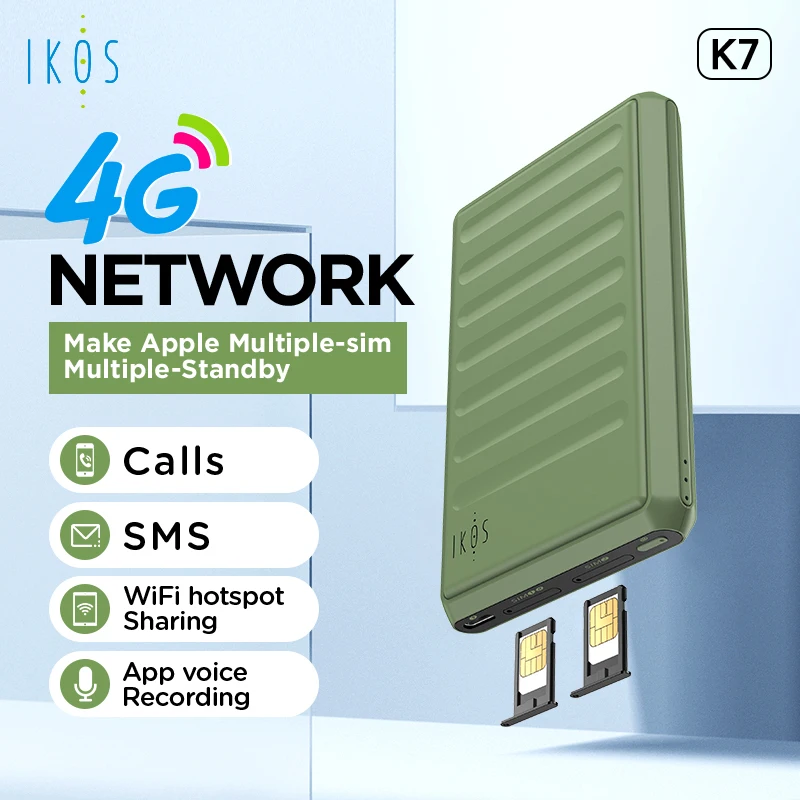 IKOS K7 4G Dual SIM Dual Stanby Adapter for iPhone/iPad - 2 or 4 SIM Cards/SMS/Call Active Simultaneously - WiFi Hotspod Data