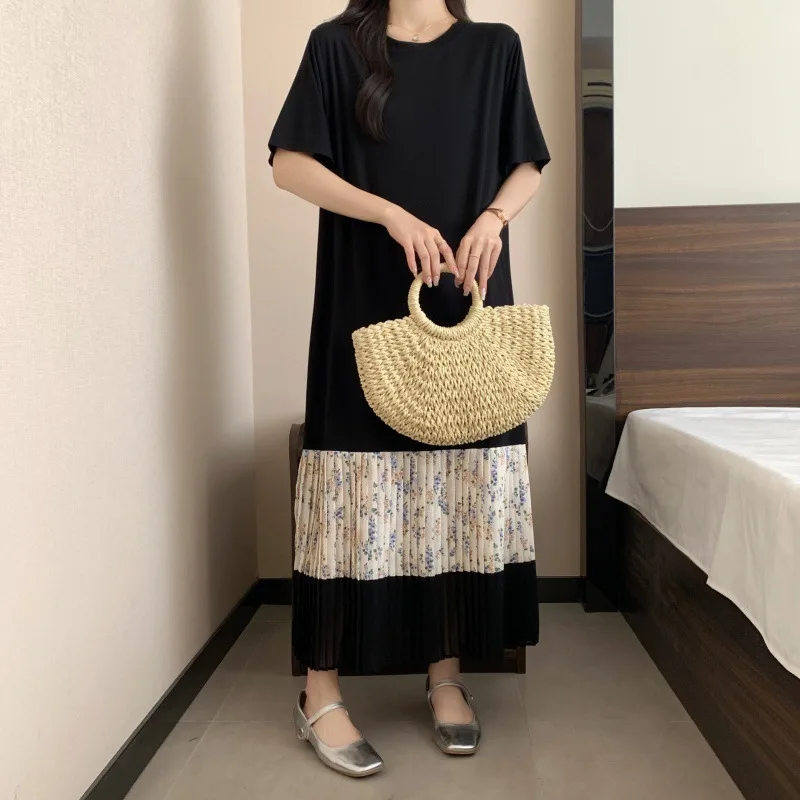 #6137 Spliced Chiffon Pleated T Shirt Dress Women Vintage O-neck False Two Piece Tshirt Dress Ladies Black Straight Streetwear