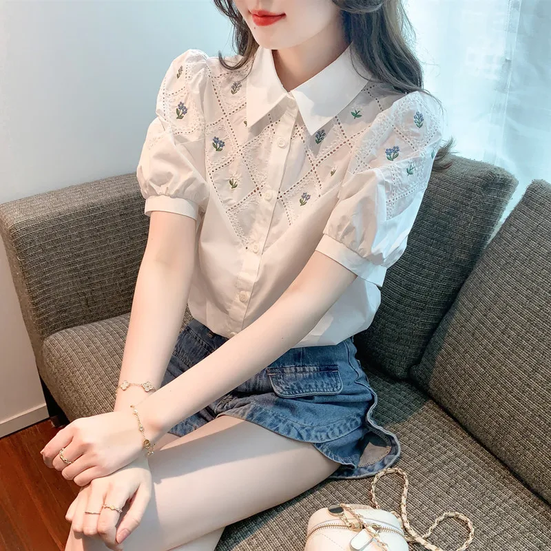 

Summer White Women's Chiffon Shirt Short Sleeve Doll Collar Top Korean Style Bubble Sleeve Straight Cut Single Piece
