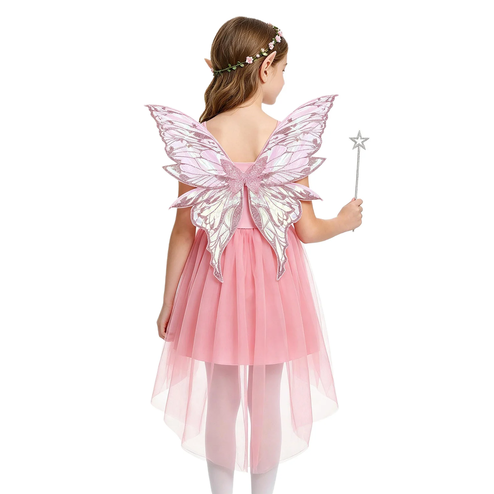 Kids Girls Halloween Forest Fairy Cosplay Costume Glittery Sequin High-low Tulle Sling Dress with Wings Princess Elf Dress Up