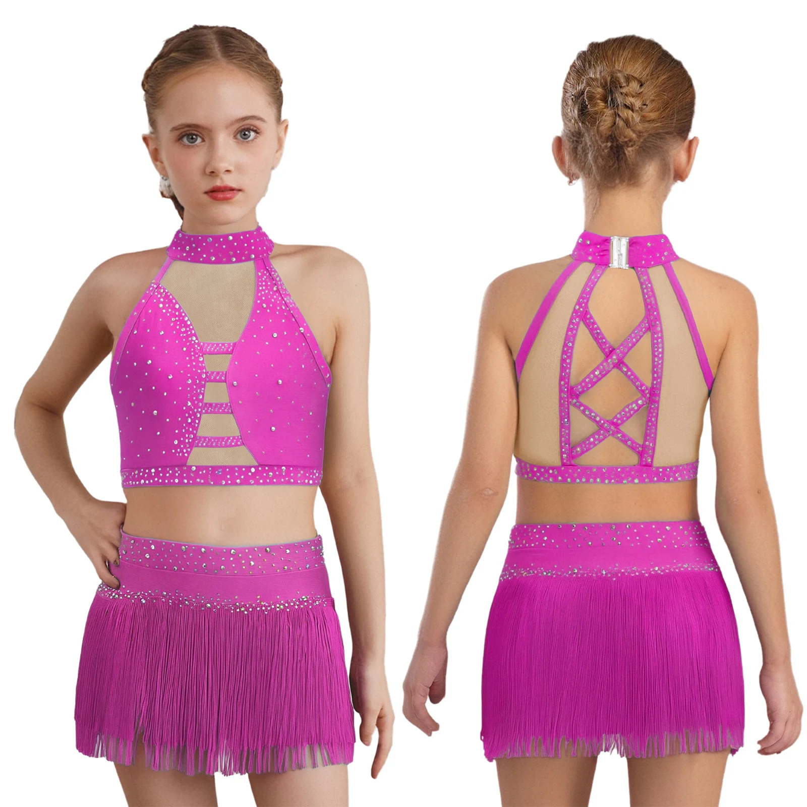 Kids Girls Latin Jazz Dance Costume Rhinestones Mesh Crop Top Tassel Briefs Skits for Cha-cha Samba Rumba Salsa Lyrical Dancing