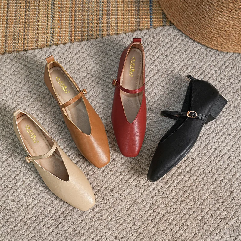 2023 Retro Women\'s Pumps Soft Microfiber Leather Single Shoes Fashion Shallow Buckle Mary Jane Heels Low Square Heel Daily Pumps