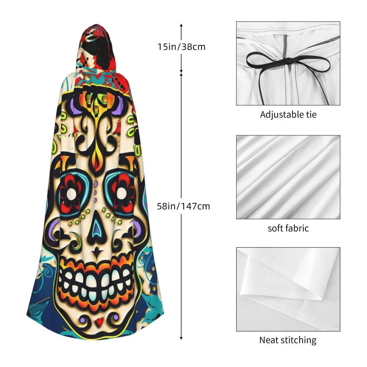 Crânio mexicano açúcar crânio dia dos mortos dias de los muertos longo com capuz manto bruxa traje medieval cosplay halloweenvampiro