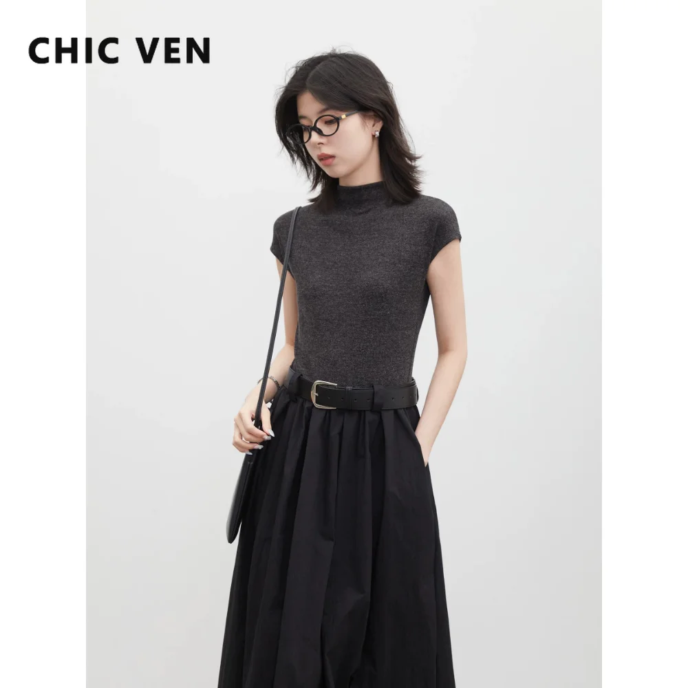 CHIC VEN Fashion Korean Women Dresses New Semi High Collar Short Sleeved Patchwork Pleated Female Long Dress Spring Autumn 2026