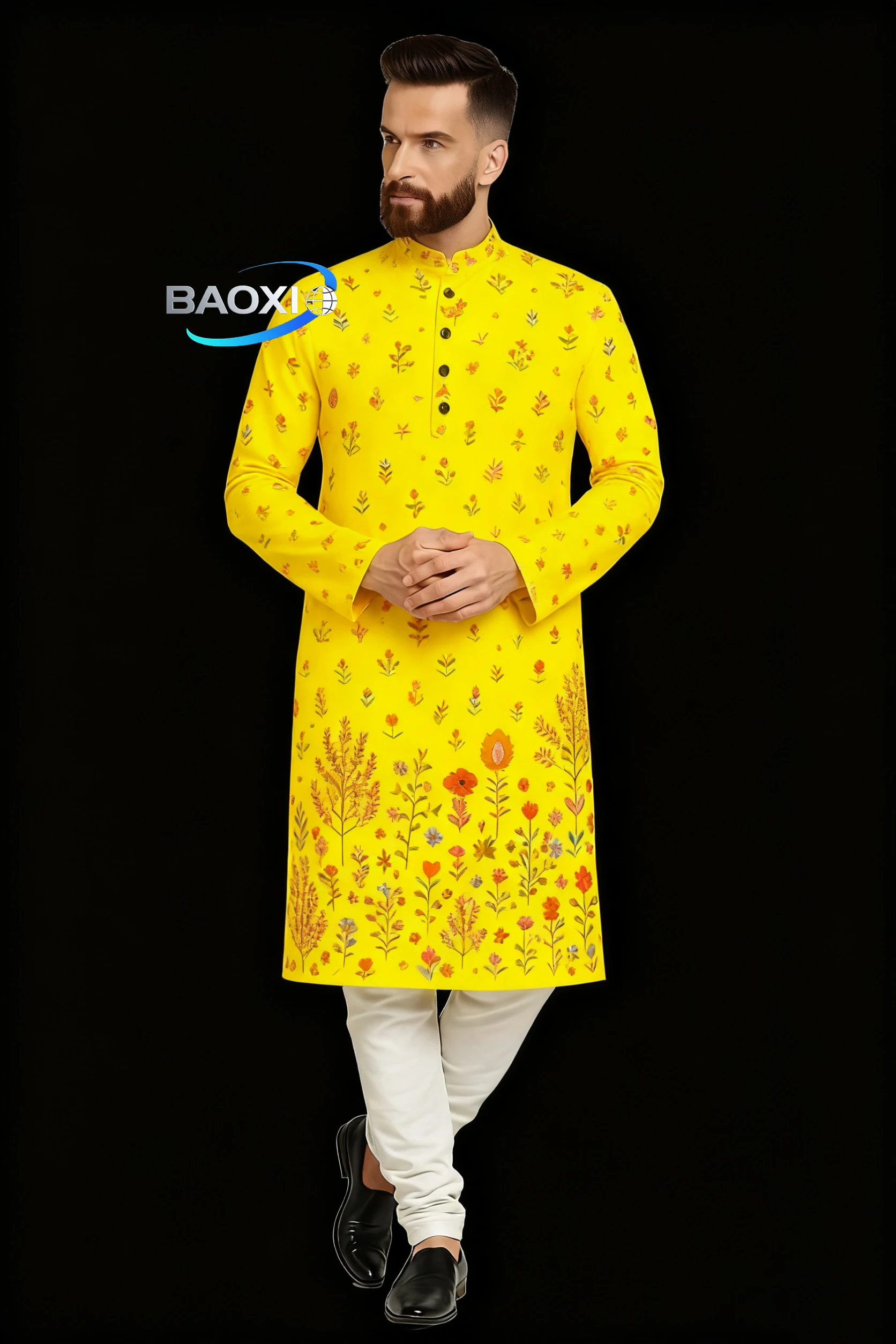 Abito lungo da uomo con colletto alla coreana stampato Kurta Elizha del 2025 adatto a tutte le occasioni, come luogo di nozze di fascia alta