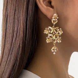 New Trend Korean Gold Color Leaf Shape Statement Drop Earrings Lovely Crystals Pearl Women Female Vintage Bohemia Style Earring