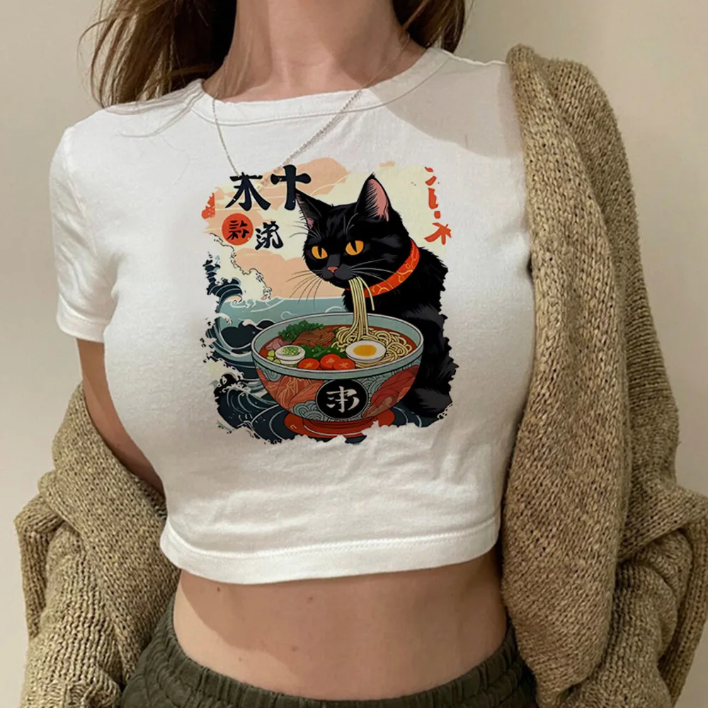 Noodle Ramen Cat cropped top women manga alternative  meme grunge cheap t shirt harajuku goth manga gyaru baddie