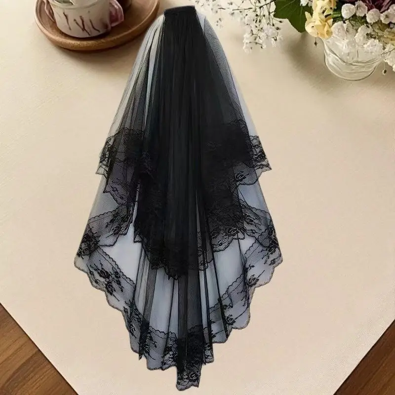 △ Two Layers Lace Bridal Veil Black Wedding Veils With Comb Short Bridal Veils Cosplay Costume Hair Accessories