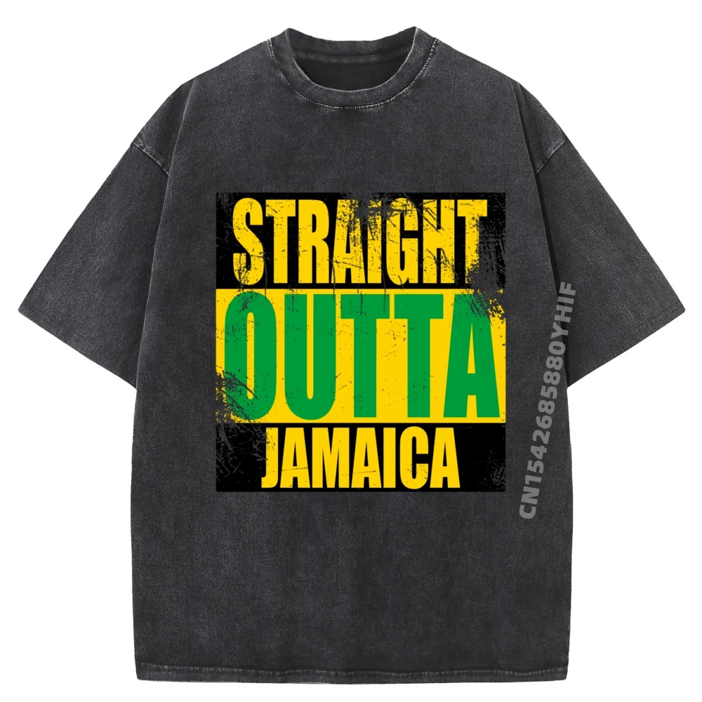 

Straight Outta Jamaica Jamaican Flag Colors Style Graphic Tee Shirt Mens Leisure Washed Tshirts Party