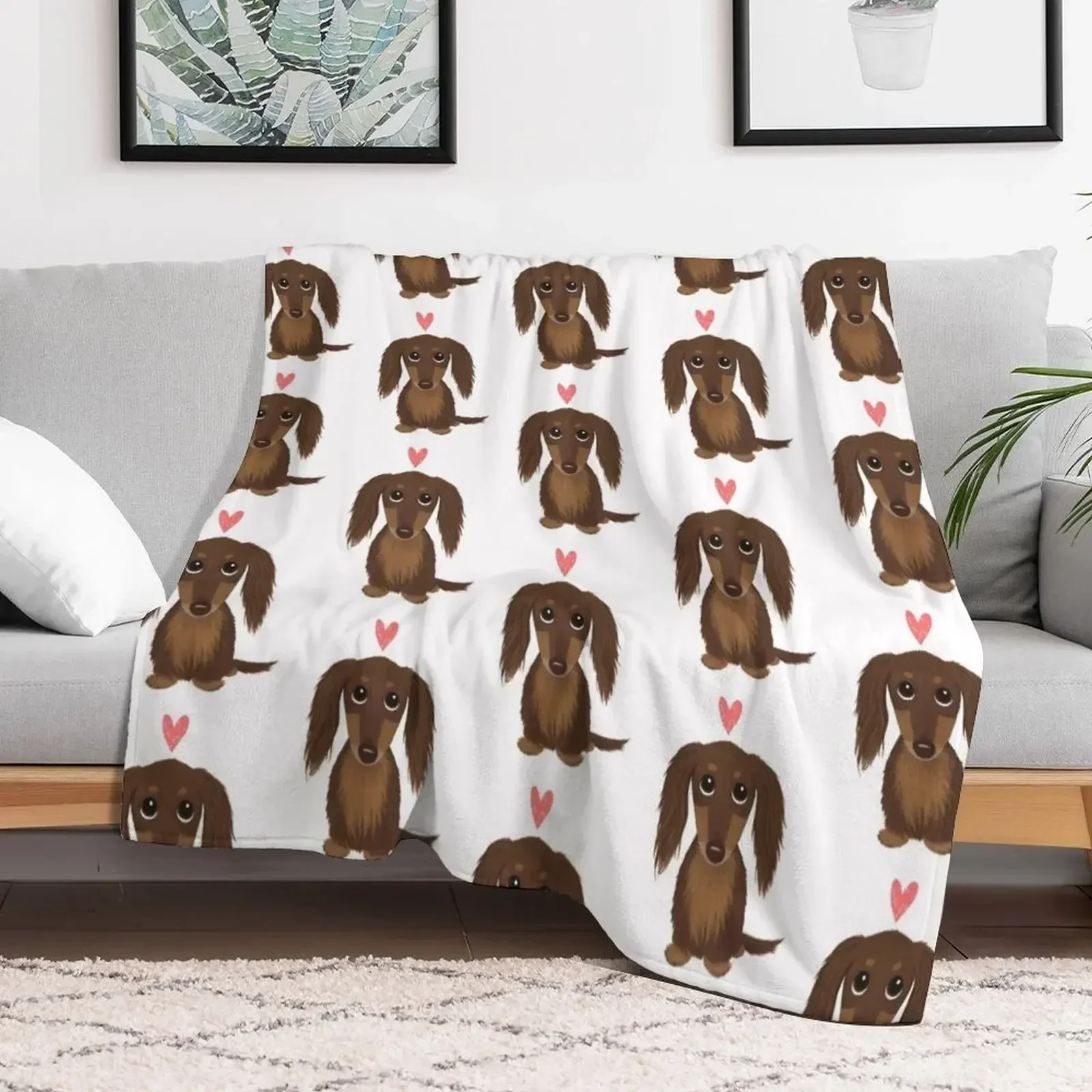 Longhaired Chocolate Dachshund | Cute Wiener Dog with Heart Throw Blanket Plush blankets and throws Blankets