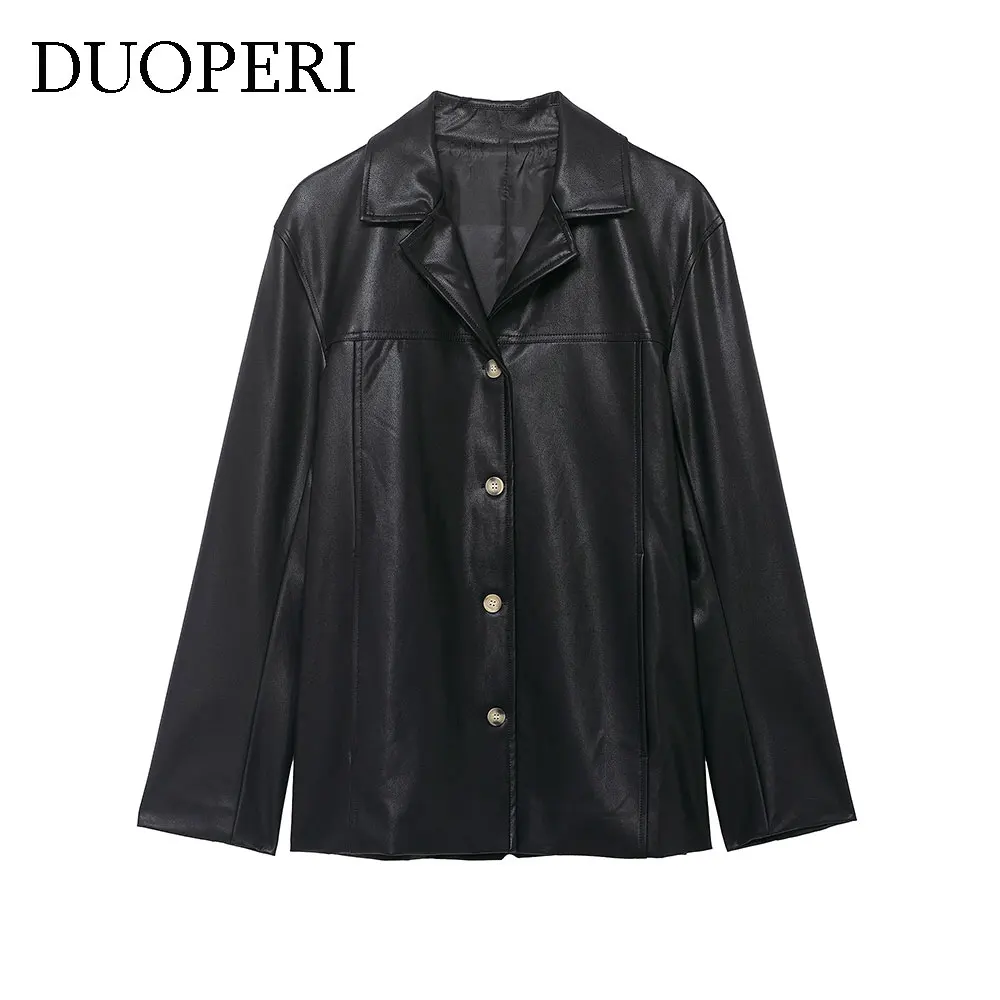 

DUOPERI Women Fashion PU Black Jackets Casual Lapel Neck Long Sleeves Coats Female Elegant Chic Lady Outfits
