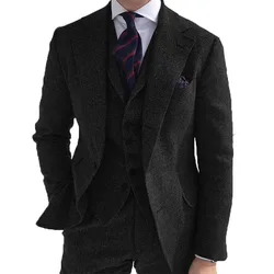 Men's Suits 3 Pieces Green Wool Tweed Herringbone Business Retro Classic PatternTuxedos for Wedding Blazer Pants Vest