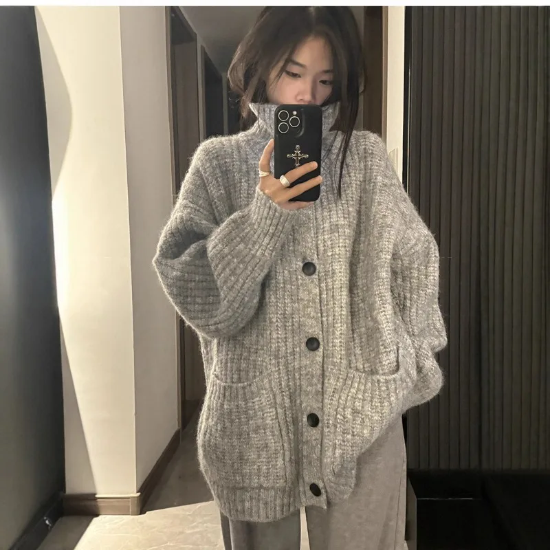 

High Neck Cardigan Women Sweater Jacket Autumn Winter Casual Style Loose Mid Length Solid Color Leisure Women Knit Sweater