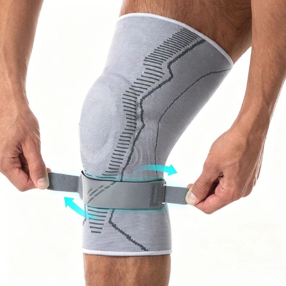 Knee Stabilizing Compression Brace With Removable Silicone Patella Cushion & Detachable Strap For Cross Training Cycling
